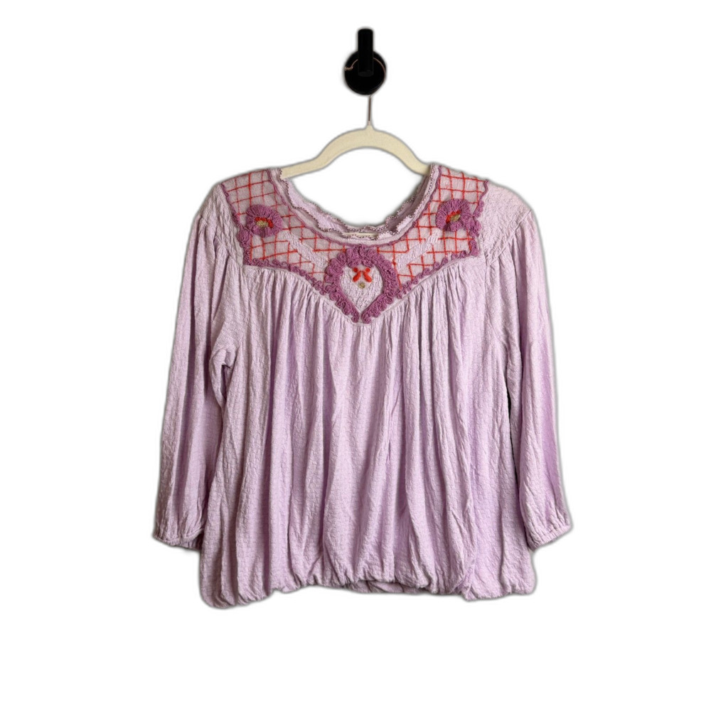 Free People Purple Embroidered Peasant Small Boho Cottagecore 3/4 Sleeve Top - Picture 14 of 14
